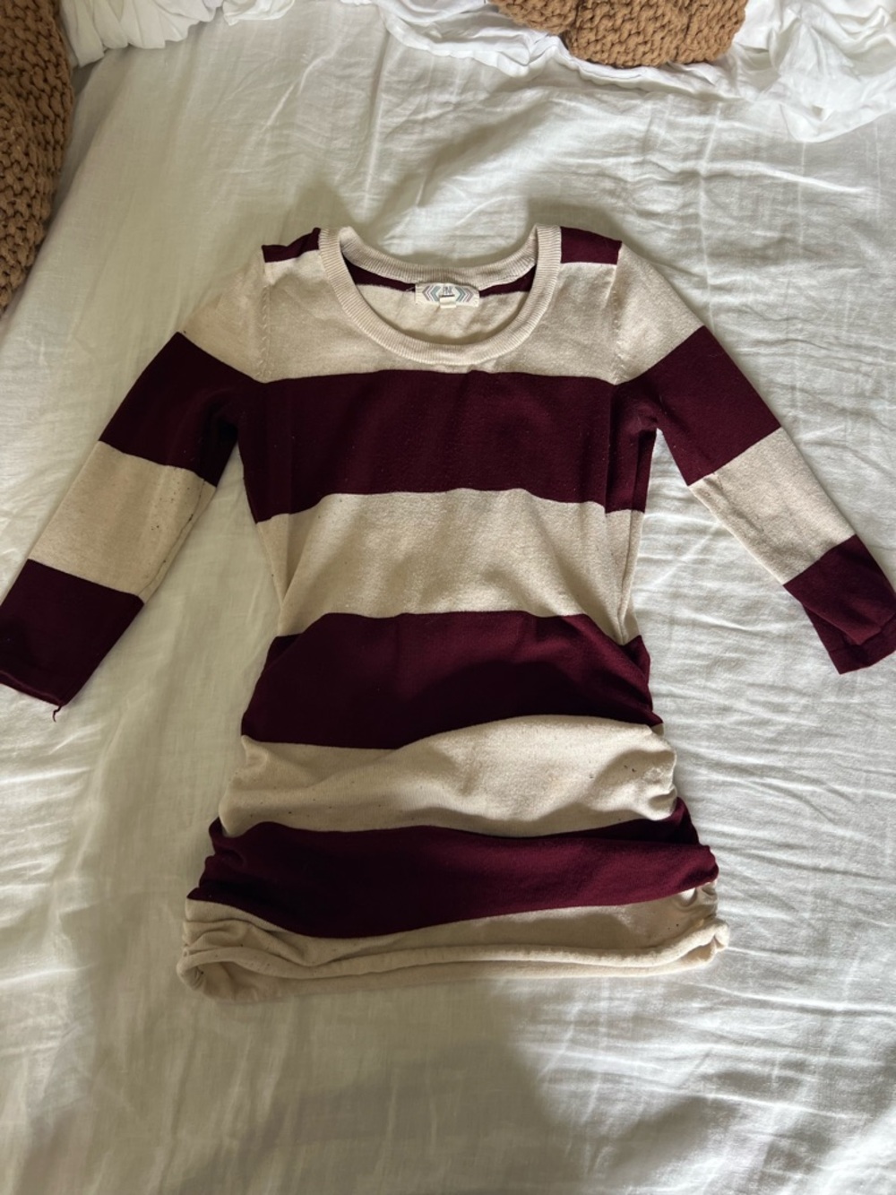 Striped Quarter Sleeve Sweater Dress - Burgundy & Cream